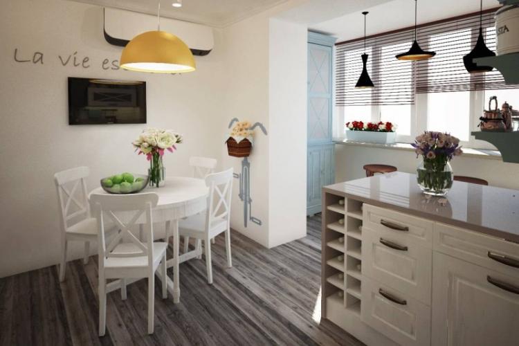 Cuisine combinée avec un balcon - photo de design d'intérieur