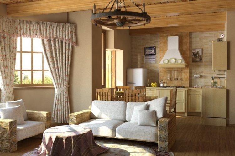 Conception de cuisine-salon de style campagnard