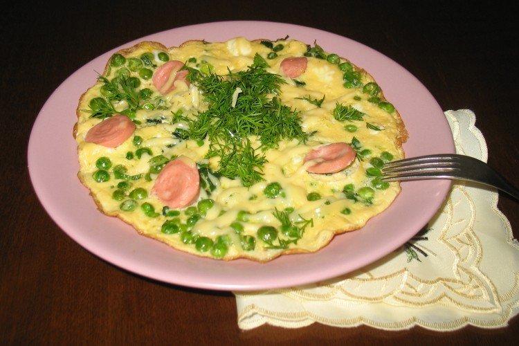 Omelette aux saucisses dans une poêle