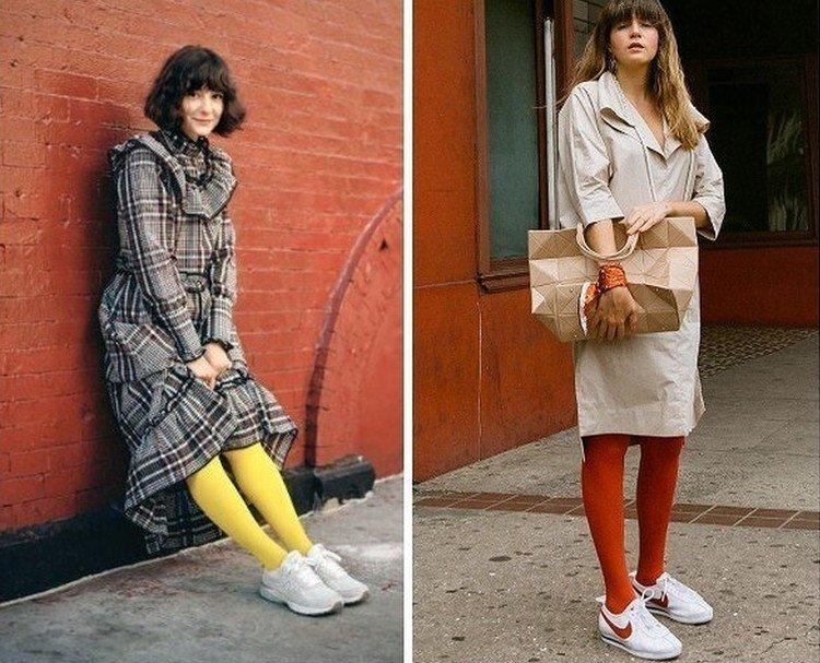 Robe avec baskets et collants colorés