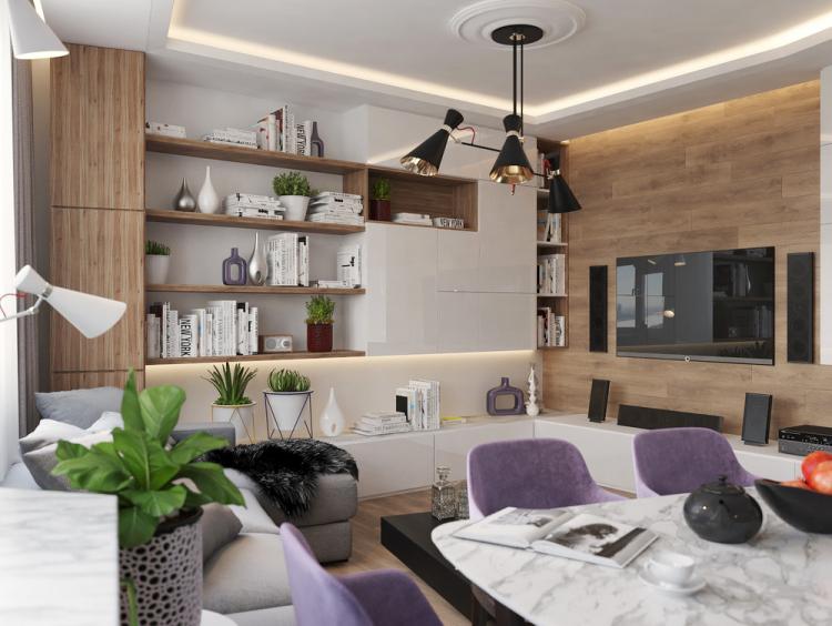 Cuisine-salon Achromatique & Couleur - design d'intérieur