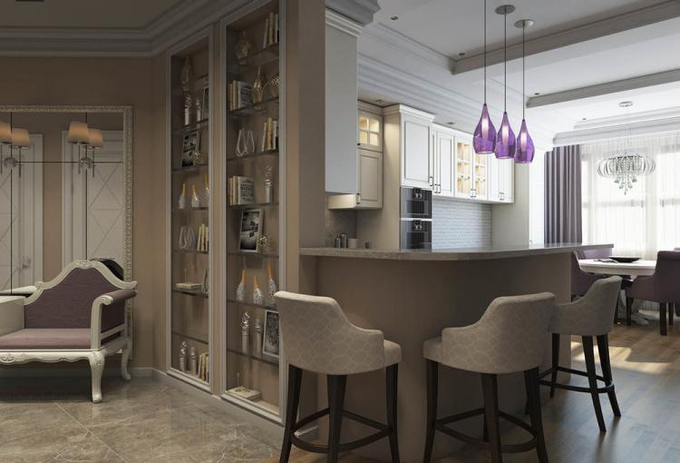 Cuisine-salon dans un style classique moderne - design d'intérieur