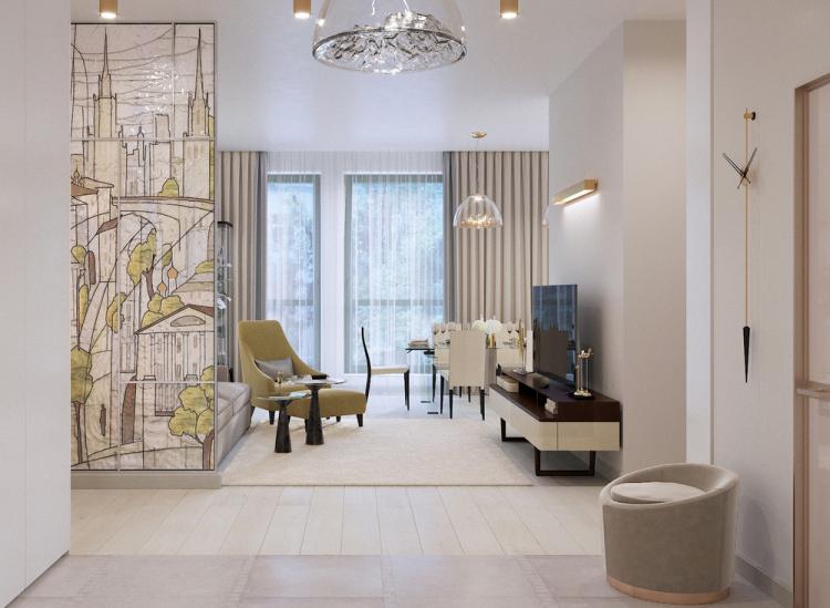 Cuisine-séjour aux couleurs claires, 40 m². - Design d'intérieur