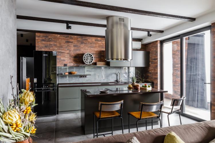 Cuisine de style loft avec îlot - Design d'intérieur