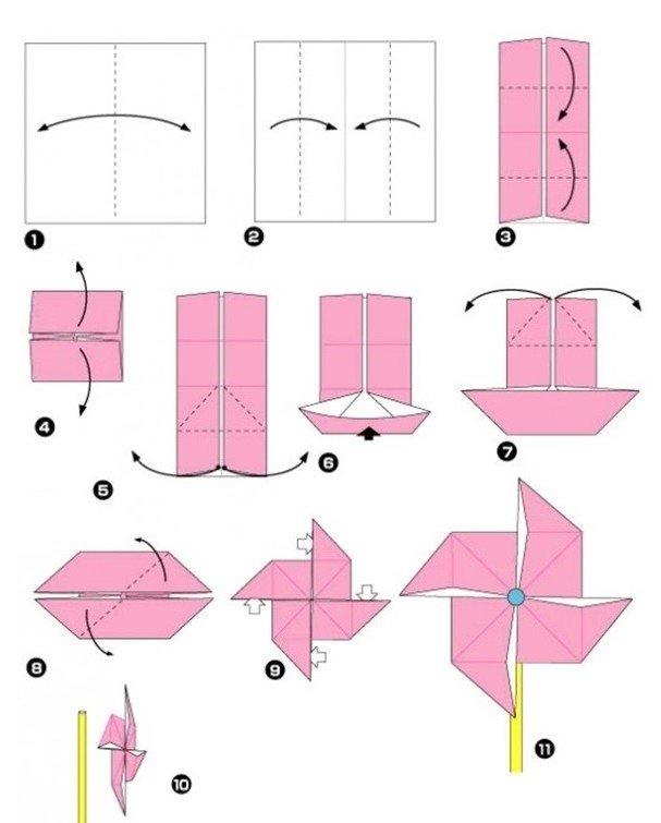 Moulin à vent - diagrammes d'origami en papier pour enfants