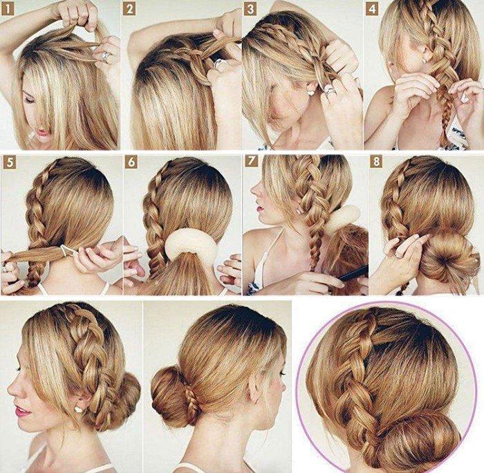 Un chignon avec une bande élastique avec une tresse - Coiffures pour le nouvel an 2021 pour cheveux mi-longs