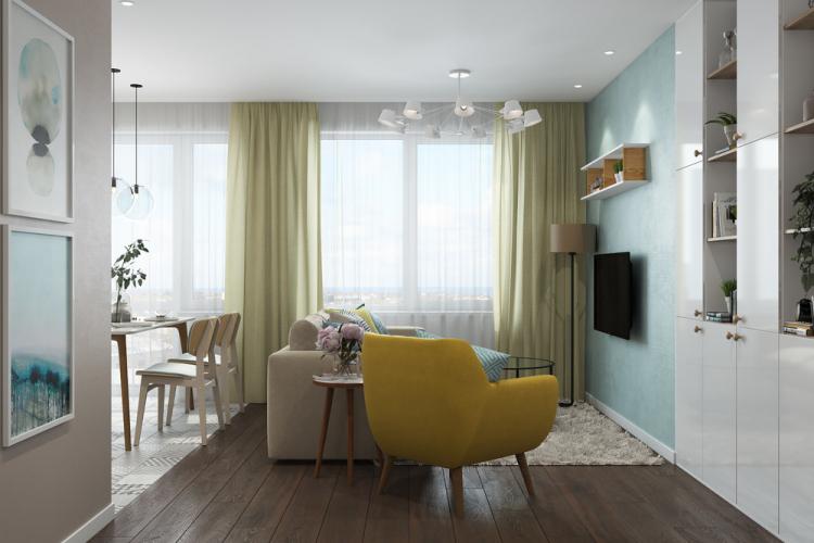 Cuisine-salon lumineuse de style scandinave - design d'intérieur