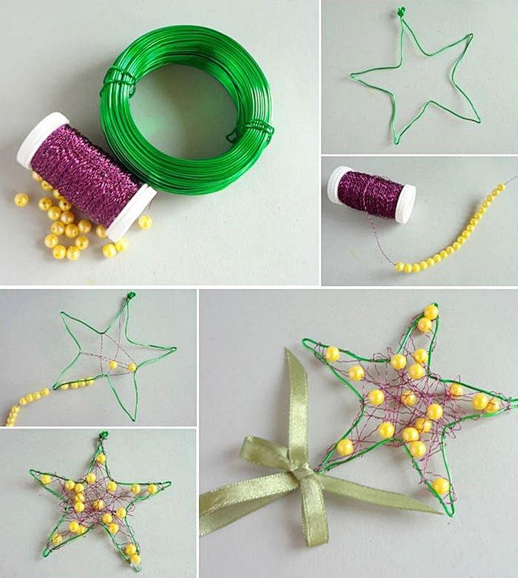 Étoile de bricolage sur un arbre de Noël avec des perles